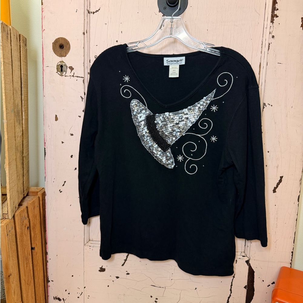 Serengeti Black Top with Silver Sequin Witch Hat Design